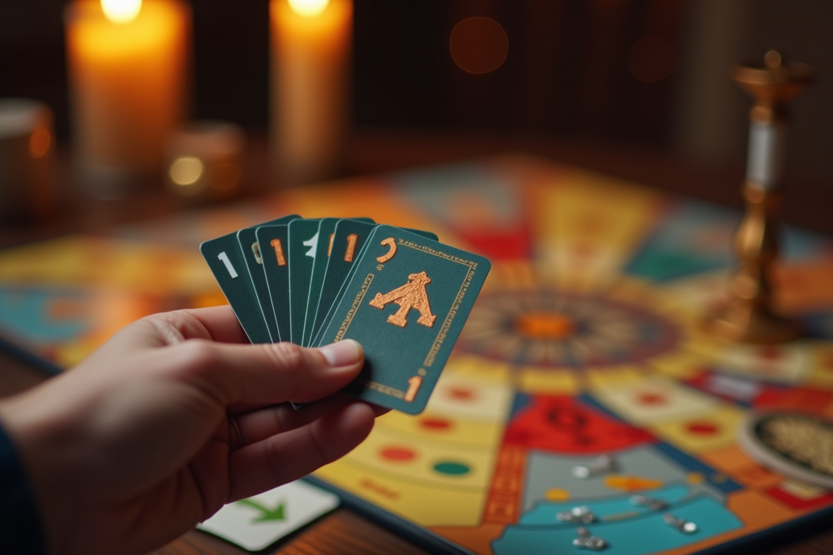 Main tenant des cartes Cluedo avec un chandelier miniature