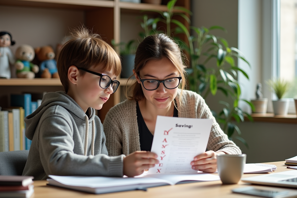 Mère et fils planifiant leurs économies dans un bureau lumineux