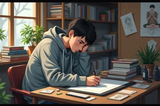 Mangaka japonais travaillant à son bureau sur une illustration originale, entouré de volumes manga et d'outils de dessin