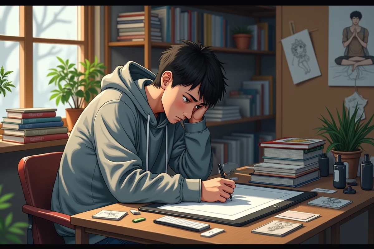 Mangaka japonais travaillant à son bureau sur une illustration originale, entouré de volumes manga et d'outils de dessin