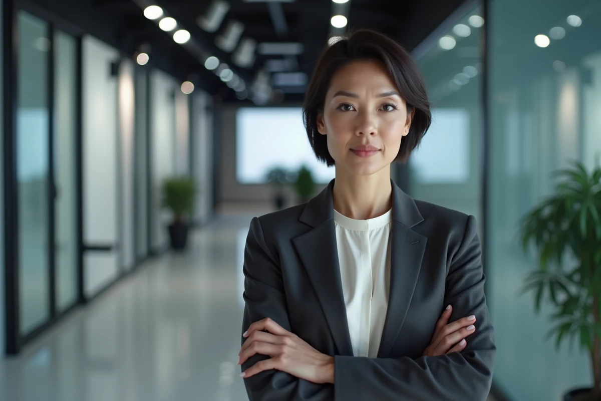 Portrait de femme politique en coulisses d'un studio de télévision, regard assuré, ambiance journalistique