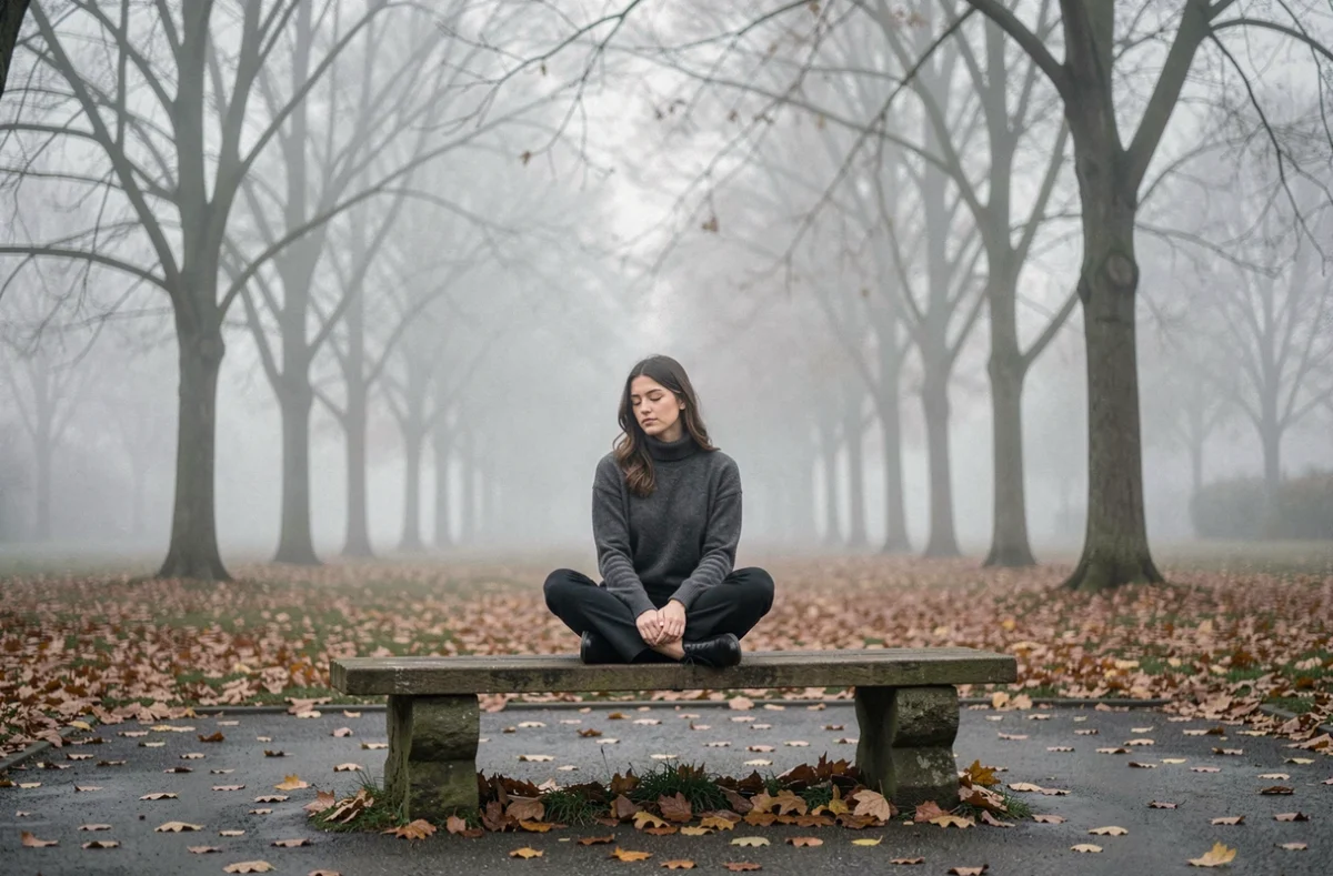 Jeune femme méditant seule dans un parc automnal brumeux, illustrant la réflexion philosophique sur le pessimisme et la condition humaine selon Schopenhauer