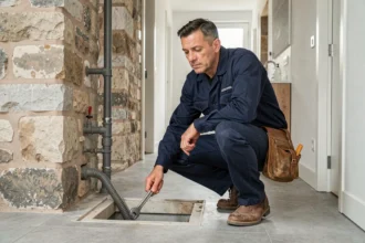 Plombier professionnel en intervention d'urgence dans un appartement normand, symbolisant le classement des meilleurs plombiers d'urgence en Normandie