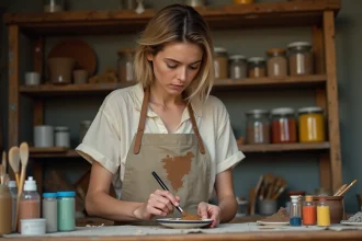 Artiste mélangeant des couleurs primaires sur une palette pour obtenir du marron sans utiliser de peinture marron ou noire du commerce