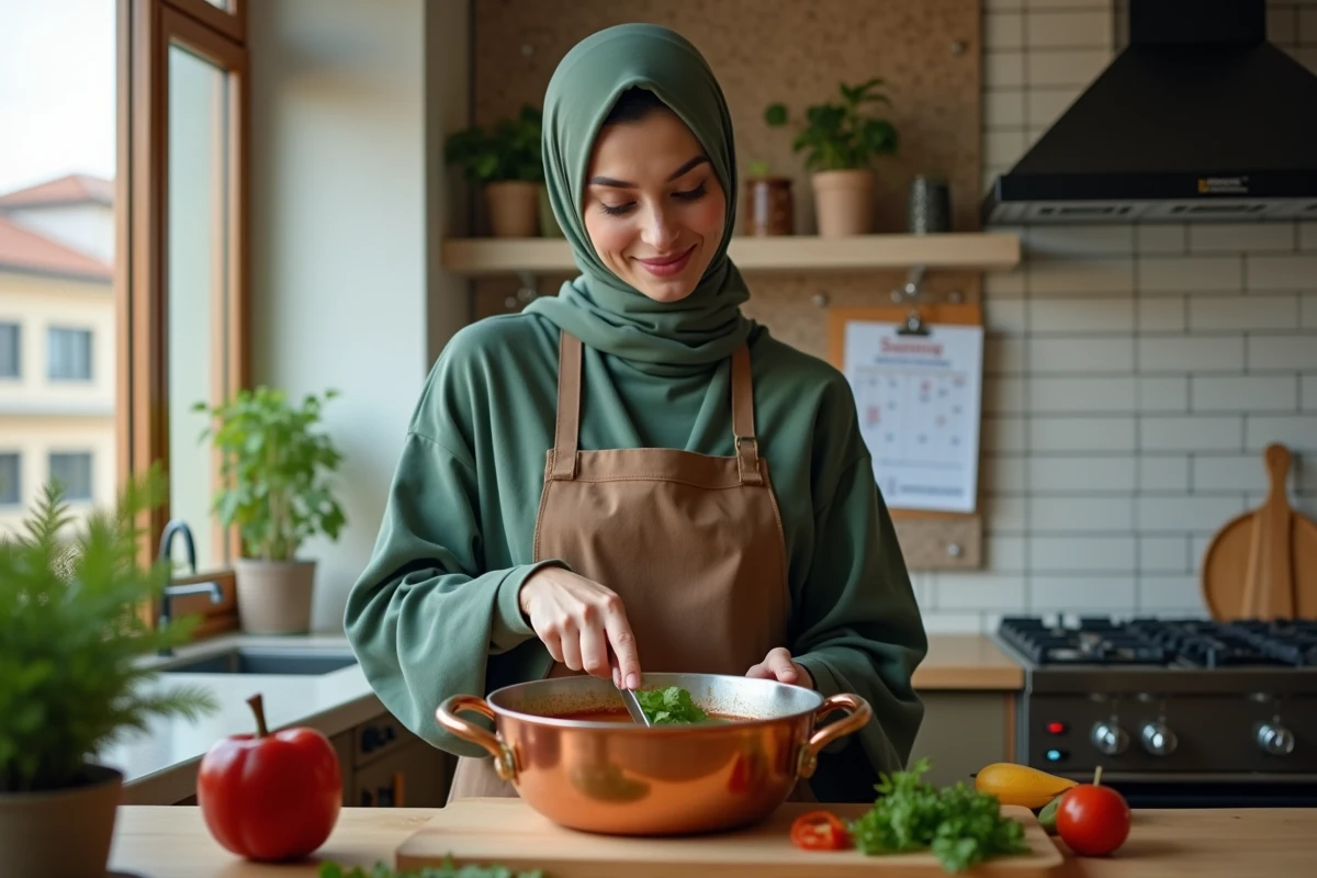 Mère de famille préparant la soupe harira pour le Ramadan dans une cuisine moderne à Lyon