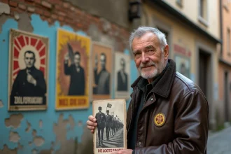 Un militant antifasciste historique tenant une photographie de résistance devant des affiches politiques vintage dans une ruelle européenne