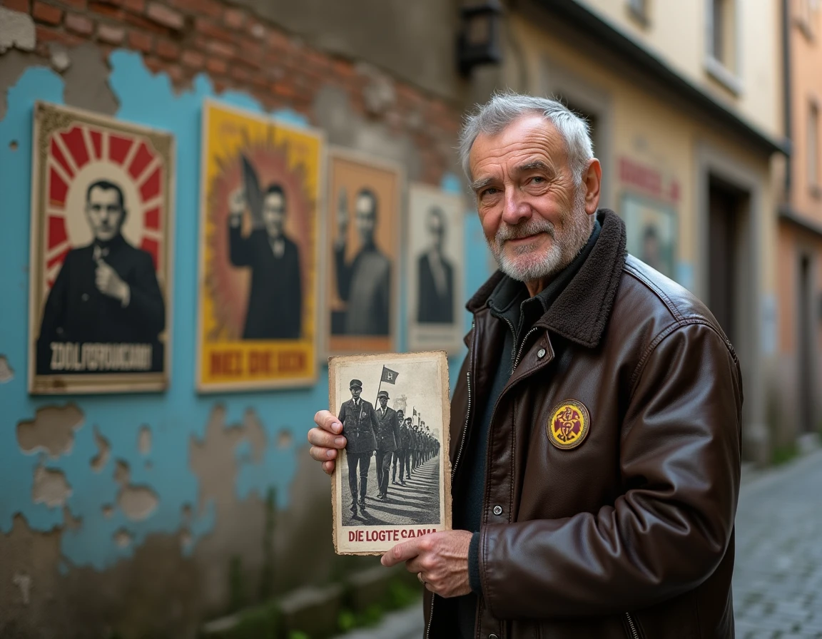Un militant antifasciste historique tenant une photographie de résistance devant des affiches politiques vintage dans une ruelle européenne