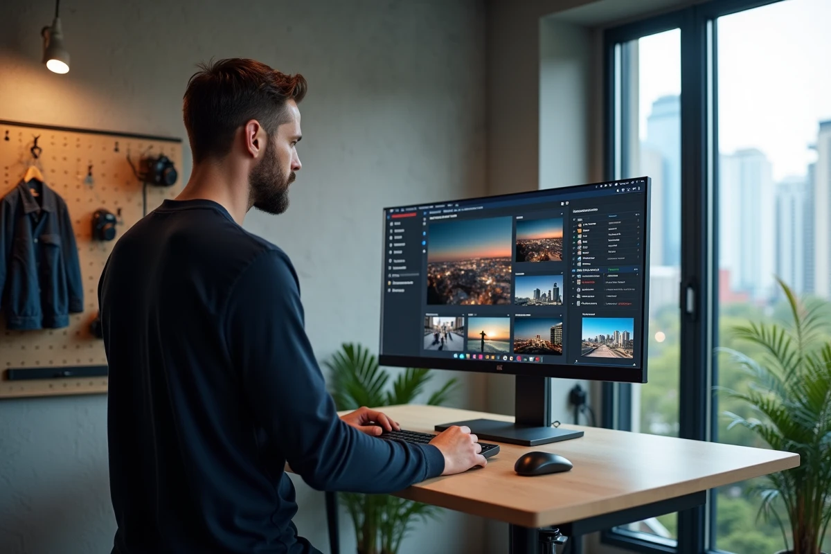 Photographe professionnel mettant à jour les métadonnées SEO d'une galerie en ligne dans un studio moderne