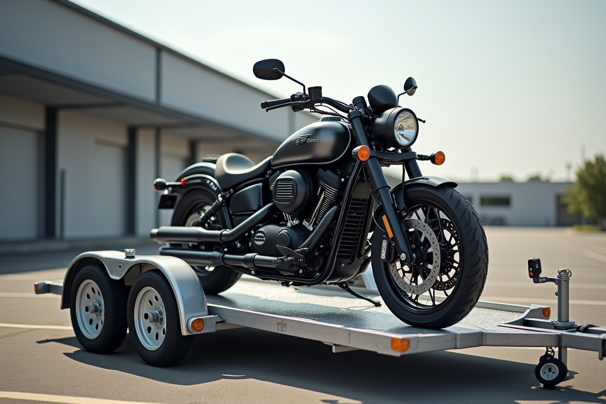 Moto fixée solidement à une remorque dans un parking