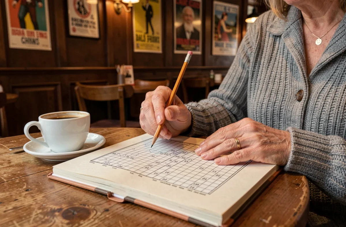 Mots croisés avec ville belge de 6 lettres sur une table de café belge traditionnel
