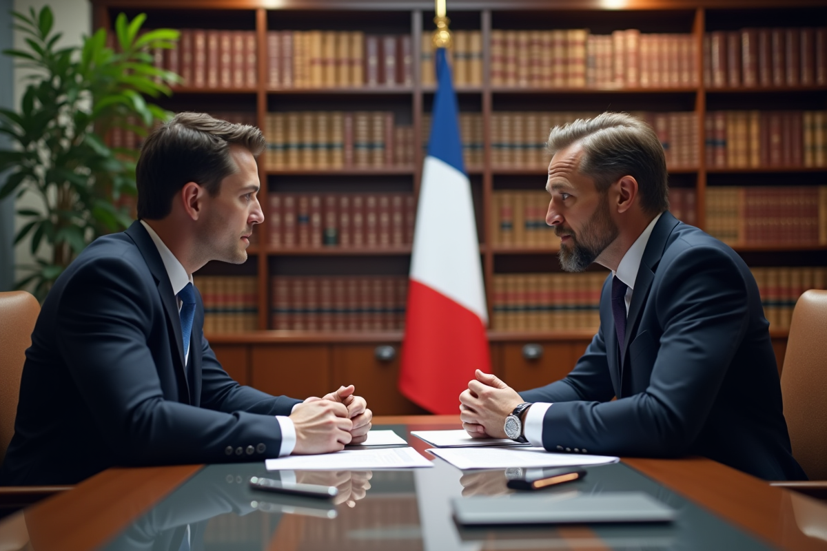 Deux personnes en discussion dans un bureau avec drapeau français