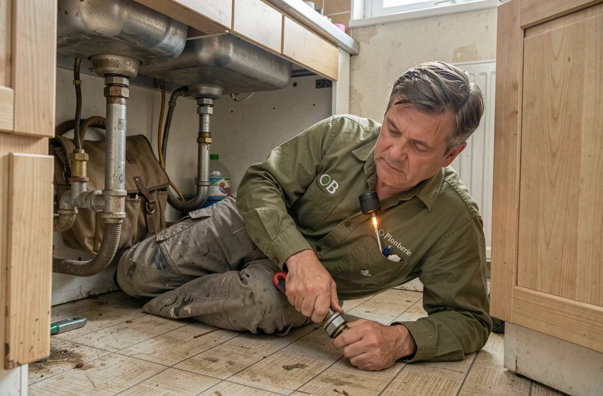Plombier OB Plomberie allongé sous un évier pour ajuster un raccord de compression dans une maison ancienne normande