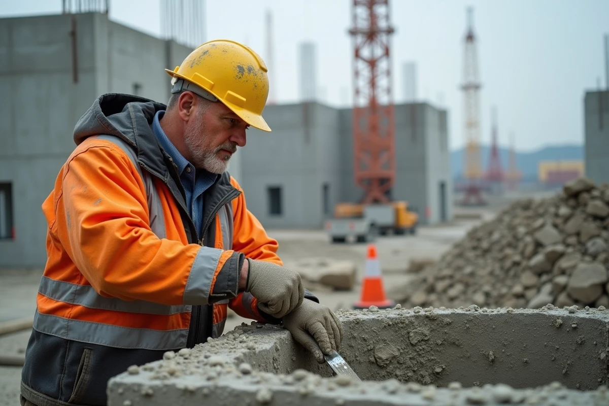 Ouvrier de construction inspectant le beton humide