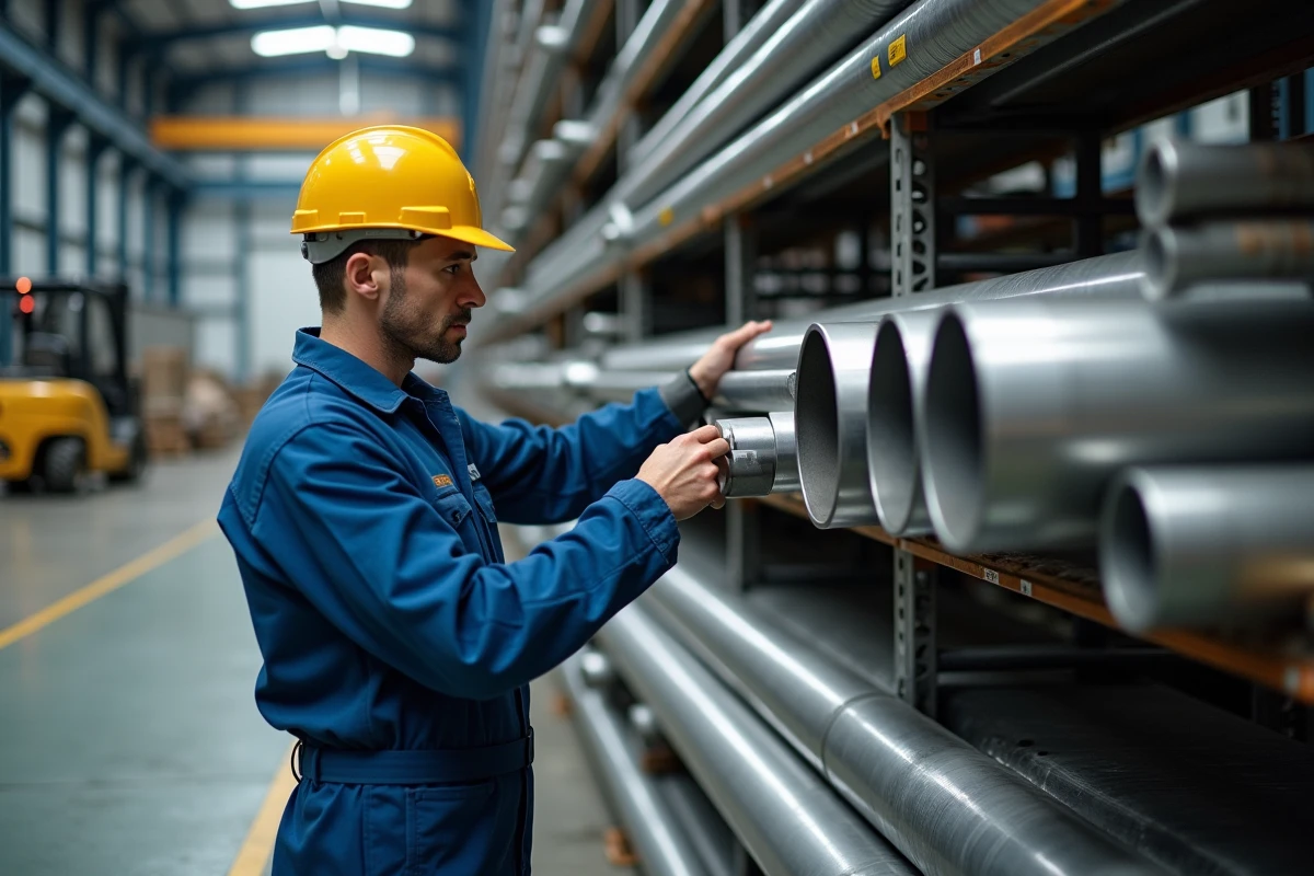 Ouvrier en usine inspectant des tubes en inox