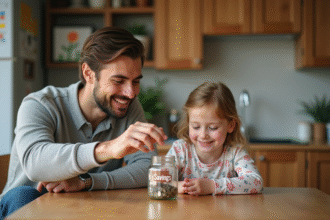 Père et fille déposant des pièces dans un pot d'épargne à la maison