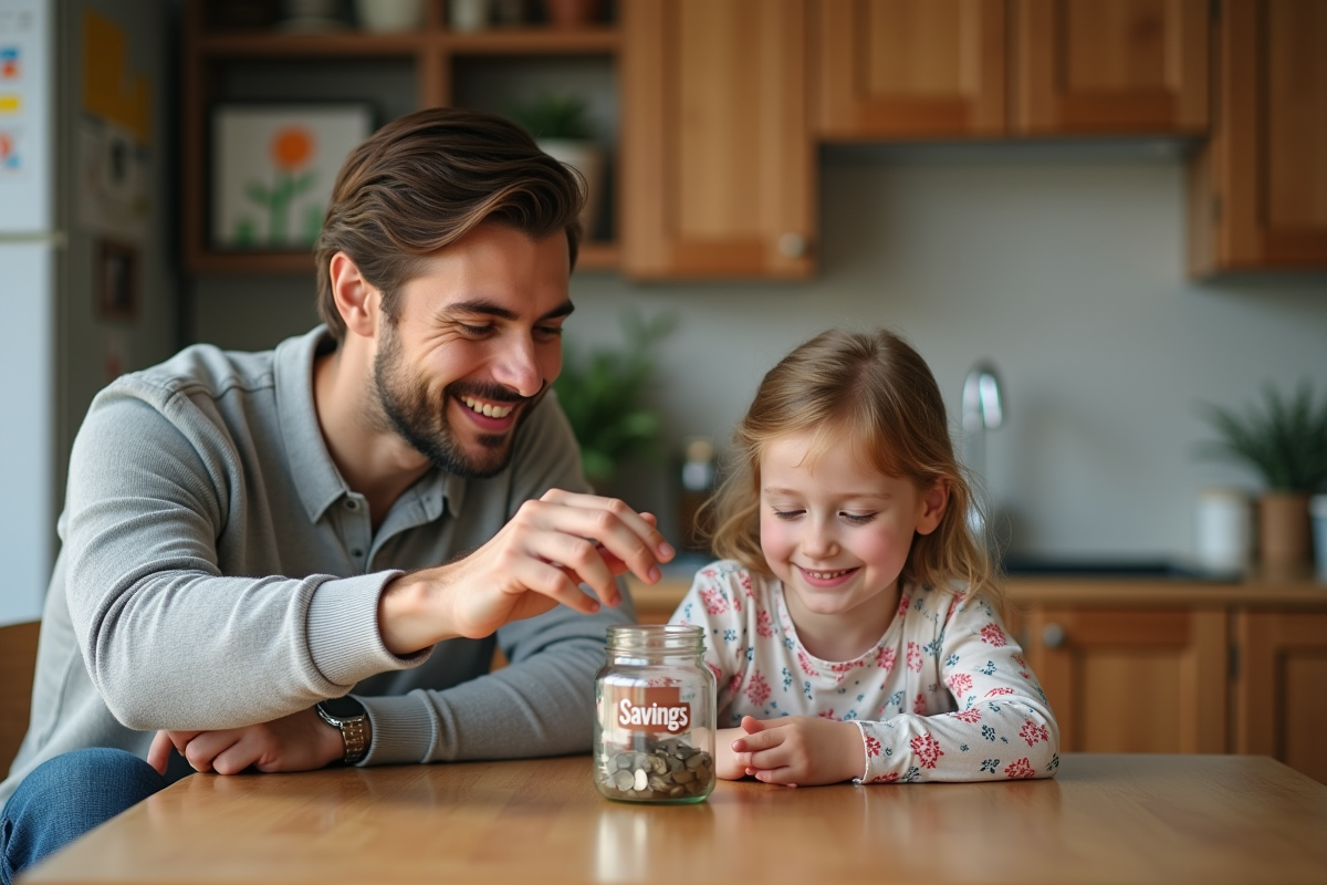 Père et fille déposant des pièces dans un pot d'épargne à la maison