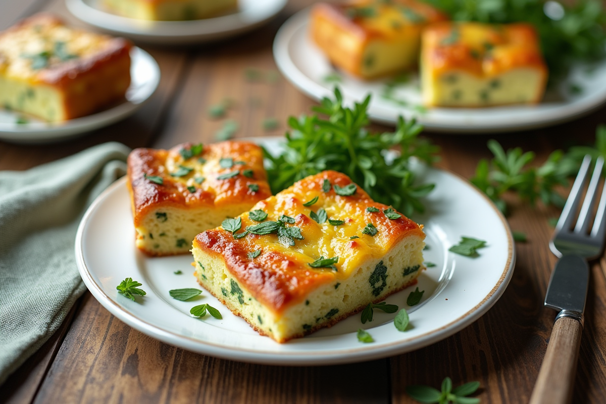 Parties de gâteau courgette feta sur assiettes en céramique