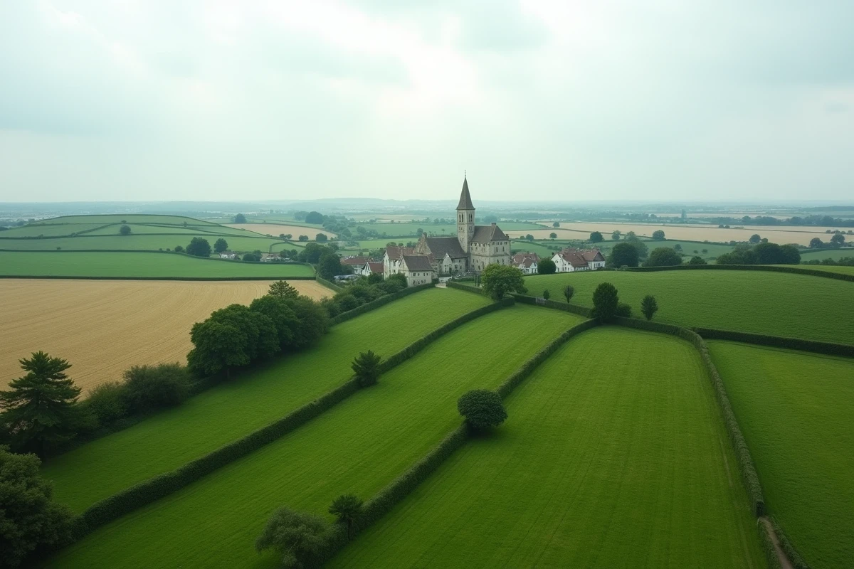 Paysage rural de Normandie avec bocage, villages et champs s'étendant à perte de vue