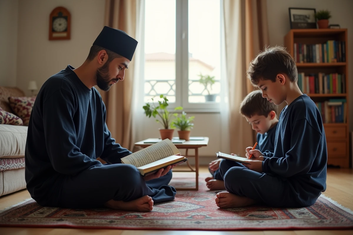 Père et ses fils étudiant le Coran ensemble pendant le Ramadan dans un salon lyonnais