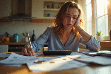 Personne stressée à la cuisine avec factures et calculatrice