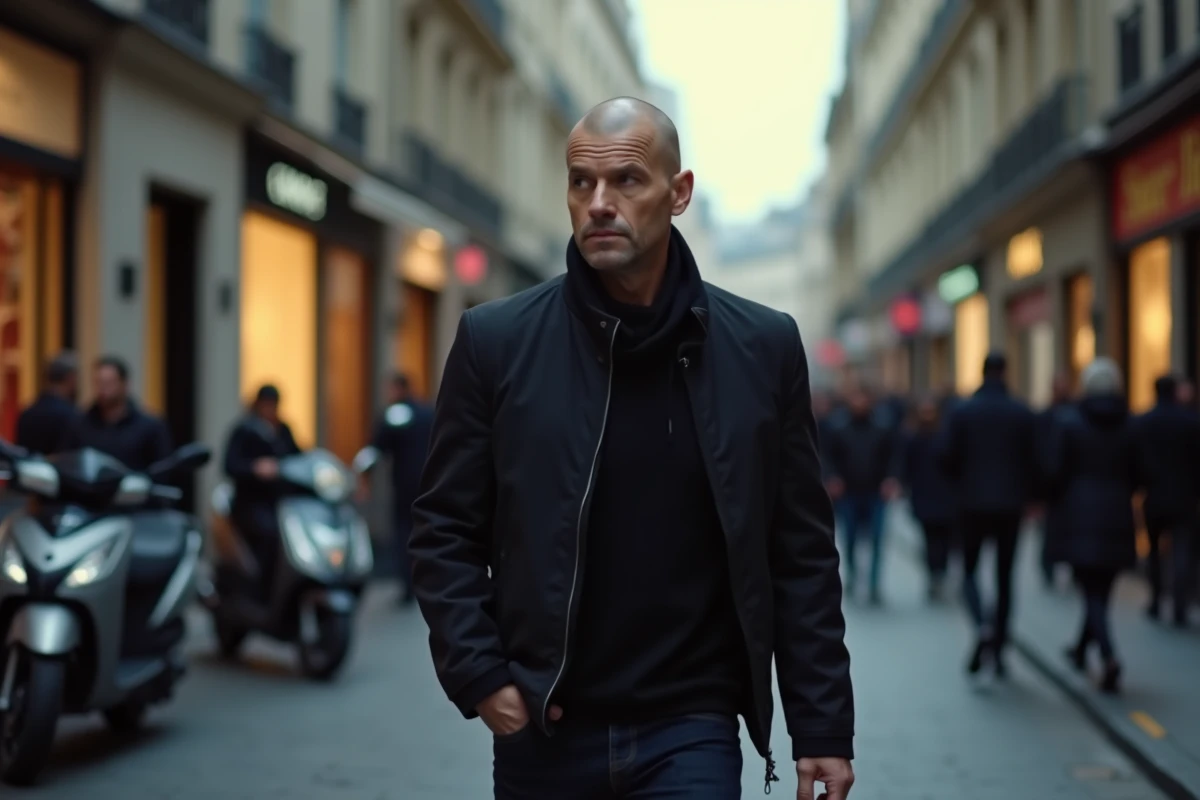 Homme célèbre marchant dans une rue parisienne en tenue noire, ambiance urbaine authentique