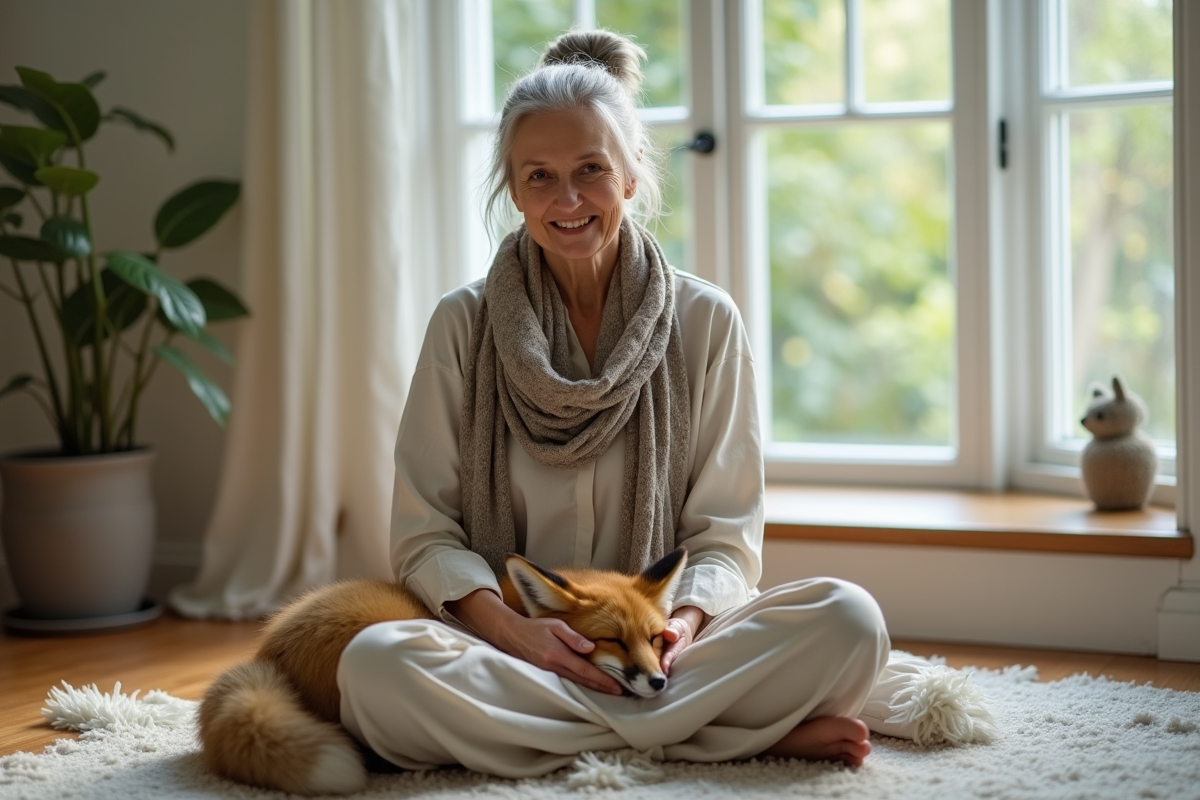 Personne nonbinaire âgée avec renard en intérieur calme