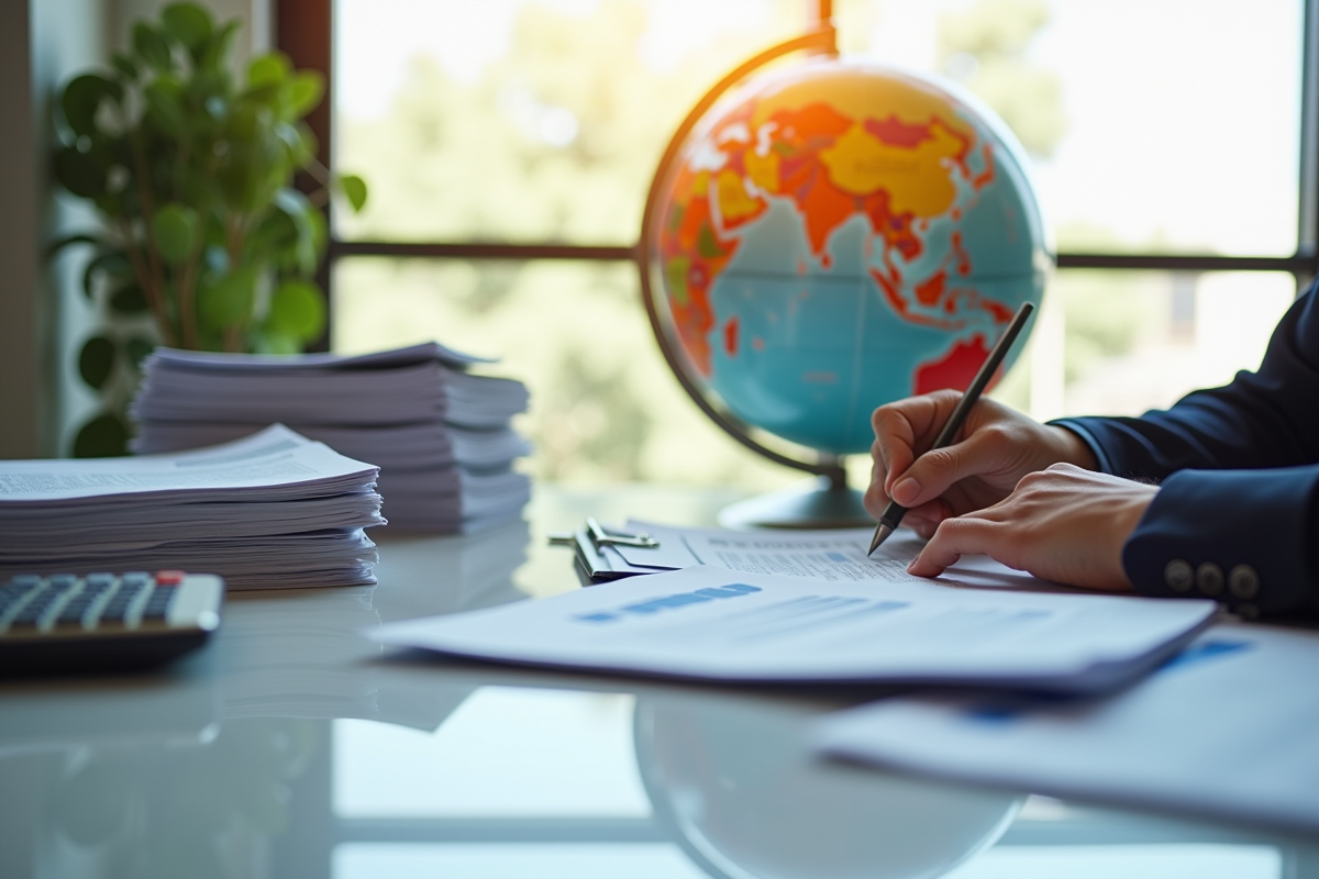Professionnel étudiant documents fiscaux au bureau lumineux