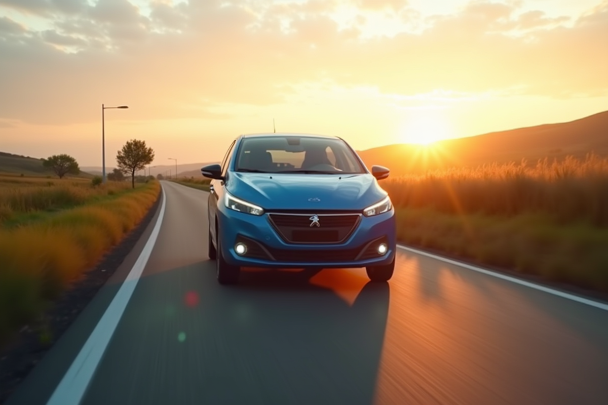Peugeot 208 électrique en campagne au lever du soleil