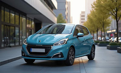 Voiture électrique Peugeot 208 en ville en journée