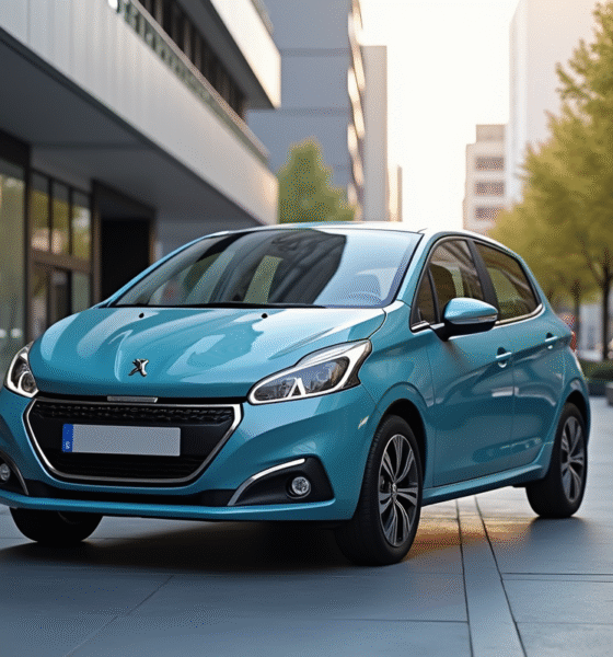 Voiture électrique Peugeot 208 en ville en journée