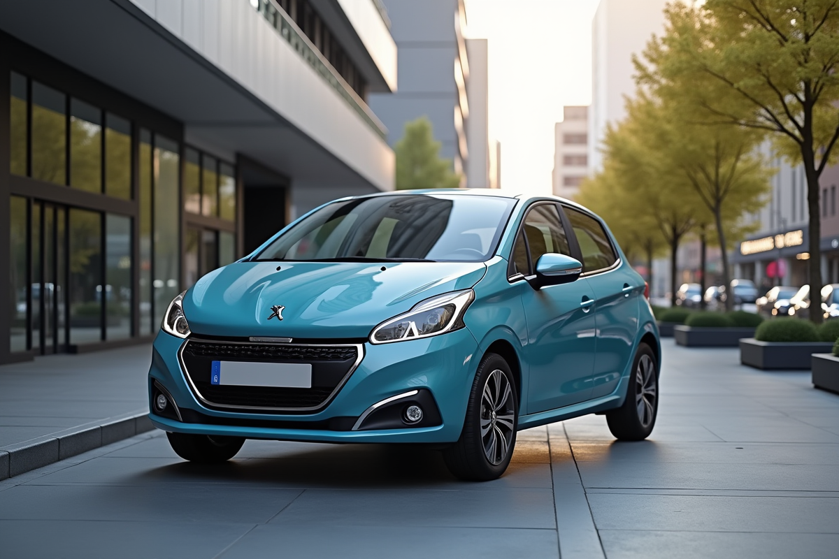 Voiture électrique Peugeot 208 en ville en journée