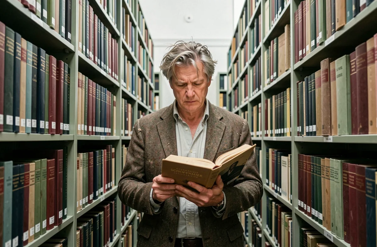 Philosophe contemporain consultant un ouvrage de Schopenhauer dans les allées d'une grande bibliothèque universitaire chargée de livres anciens