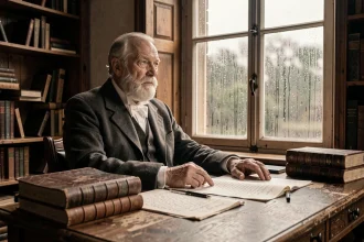 Portrait d'un philosophe âgé du XIXe siècle assis à son bureau d'étude, évoquant l'atmosphère mélancolique de la pensée schopenhauerienne