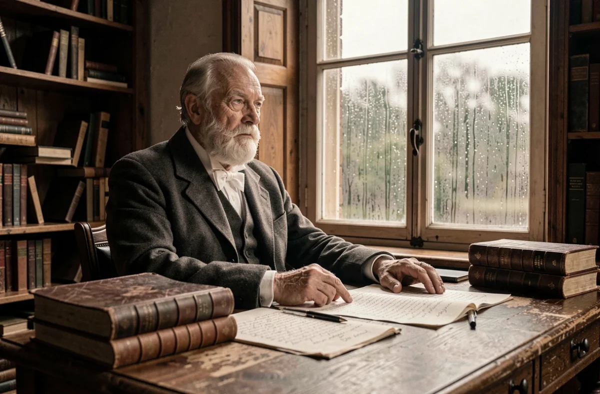 Portrait d'un philosophe âgé du XIXe siècle assis à son bureau d'étude, évoquant l'atmosphère mélancolique de la pensée schopenhauerienne