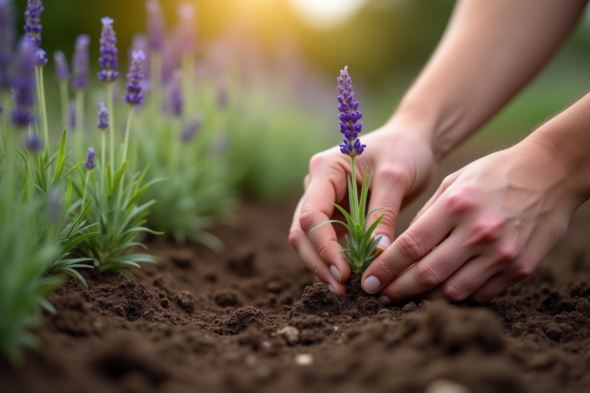 Mains plantant de la lavande dans la terre de jardin