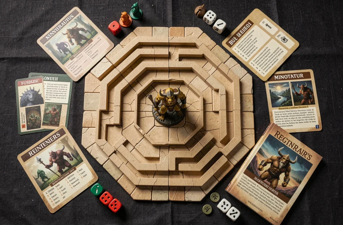 Vue aérienne d'un plateau de jeu labyrinthe avec figurine de Minotaure au centre entouré de tuiles, dés et cartes de règles
