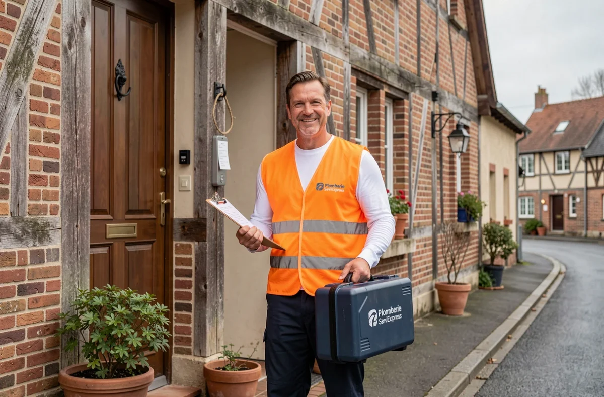 Technicien de Plomberie ServiExpress arrivant en urgence devant une maison à colombages normande avec son matériel