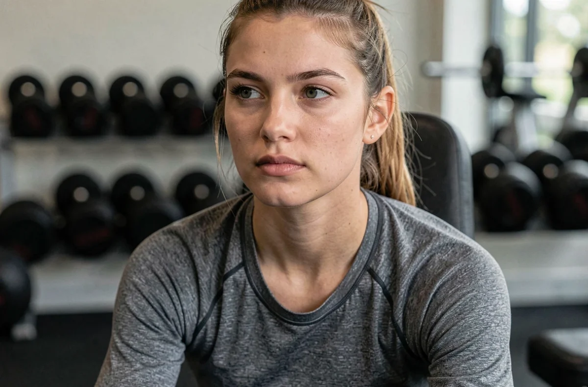 Portrait éditorial en gros plan d'une jeune athlète de volleyball dans une salle de sport, symbolisant la maturité et le parcours de Léa Gillard à l'USGS