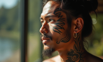 Jeune homme Maori avec tatouages faciaux authentiques