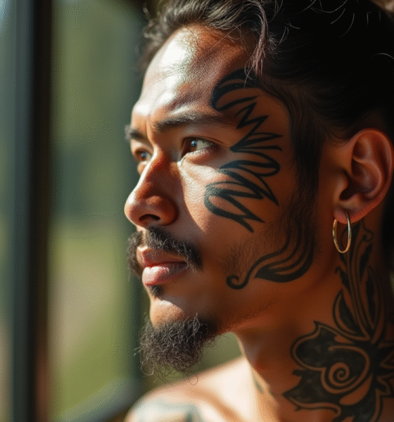 Jeune homme Maori avec tatouages faciaux authentiques