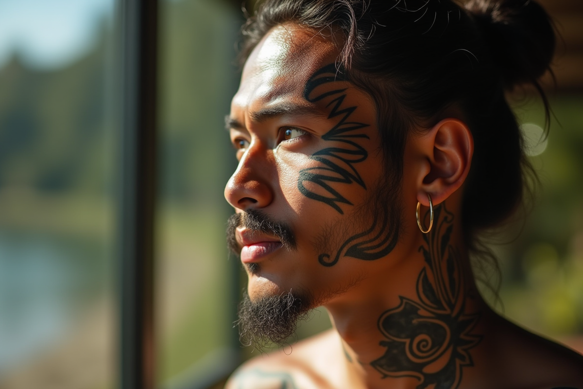 Jeune homme Maori avec tatouages faciaux authentiques