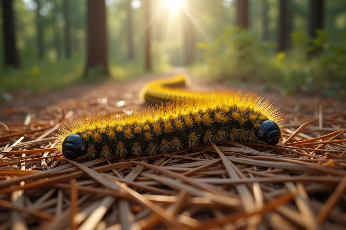 Gros plan sur une file de chenilles processionnaires dans la forêt