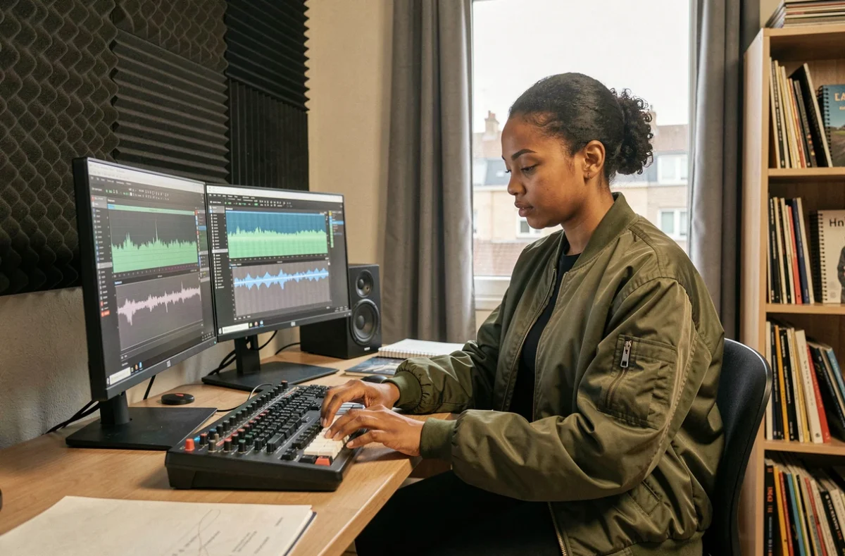 Productrice de musique urbaine d'origine maghrébine dans un home studio en banlieue parisienne du 95, incarnant la nouvelle génération créative de 95 Sounds