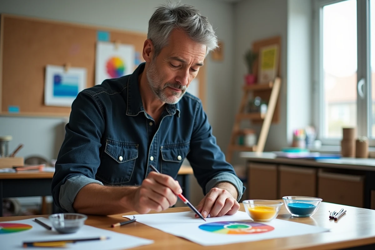 Professeur d'art démontrant comment créer une couleur marron en mélangeant des pigments primaires dans un atelier scolaire