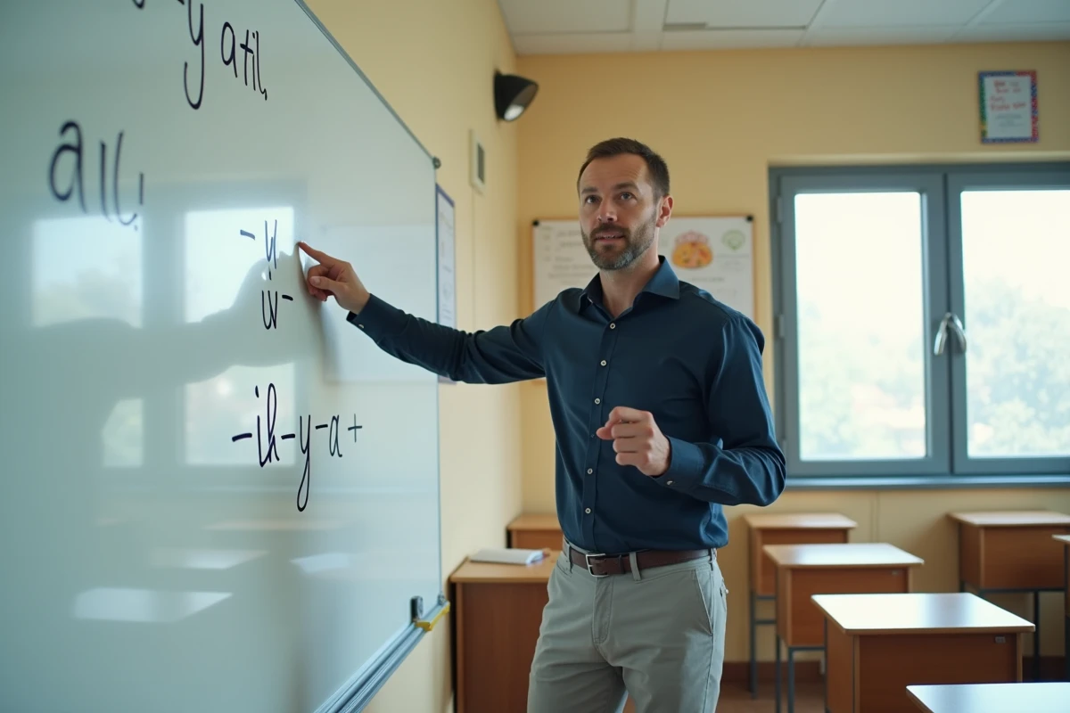 Professeur expliquant devant un tableau blanc la différence entre y a-t-il et il y a en grammaire française