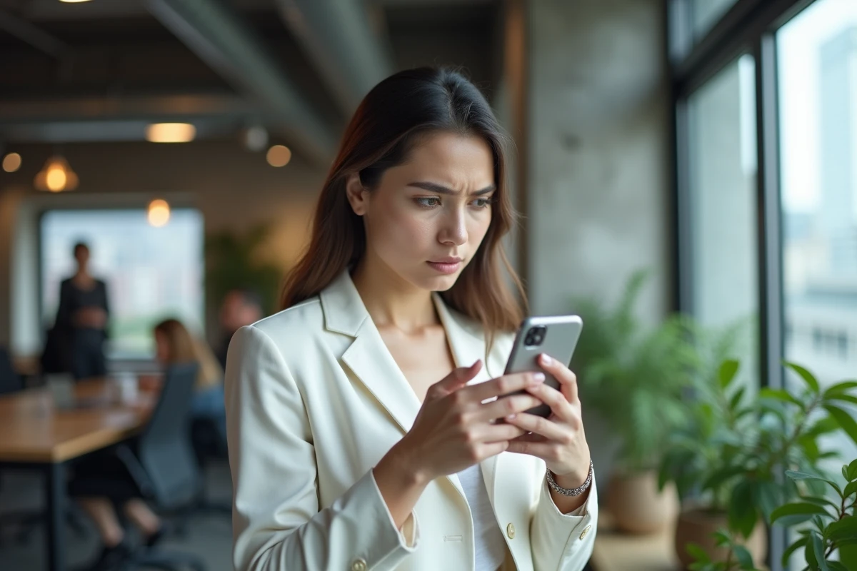 Professionnelle analysant les performances de ses Instagram Stories dans un espace de coworking moderne
