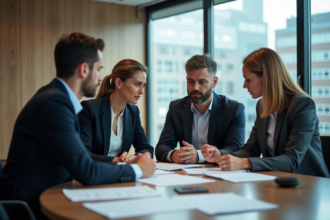 Quatre professionnels en réunion dans un bureau moderne