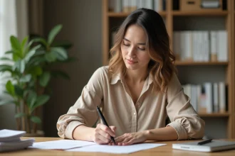 Femme rédigeant une lettre de désinscription France Travail à son bureau à domicile