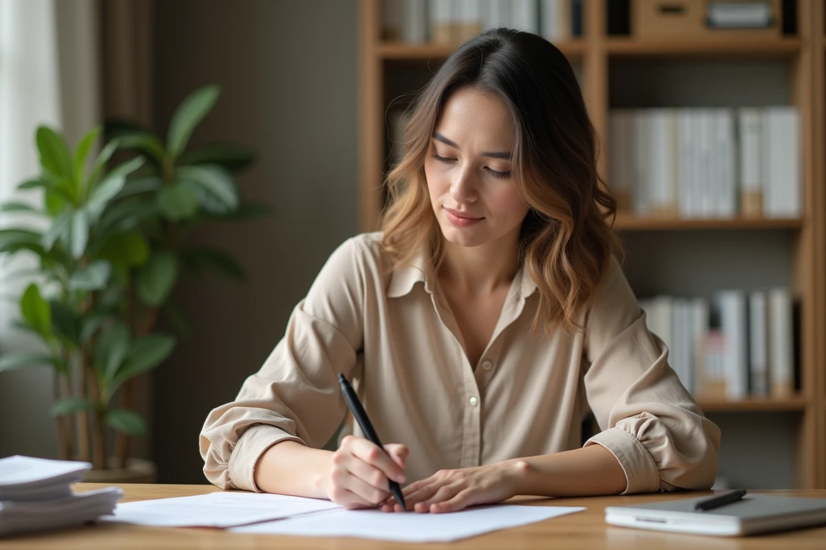 Femme rédigeant une lettre de désinscription France Travail à son bureau à domicile