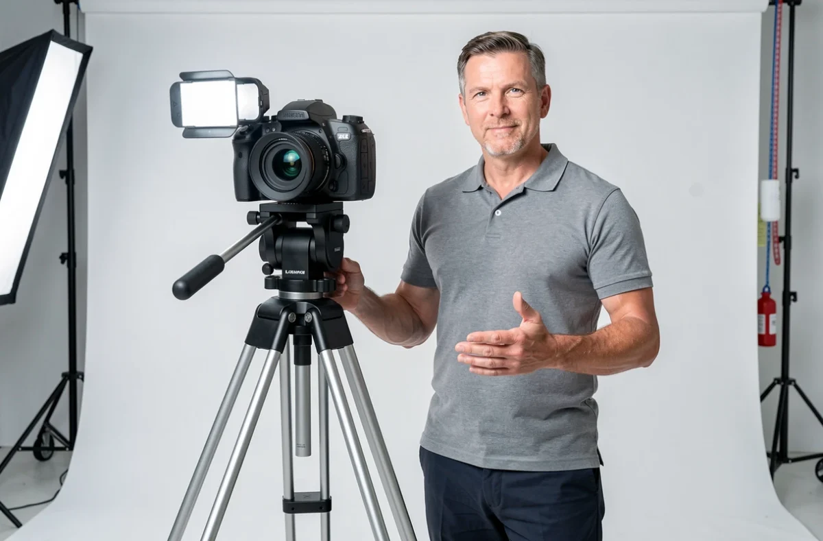 Photographe professionnel de Reflexhaut Sarl dans un studio moderne avec équipement photo commercial haut de gamme